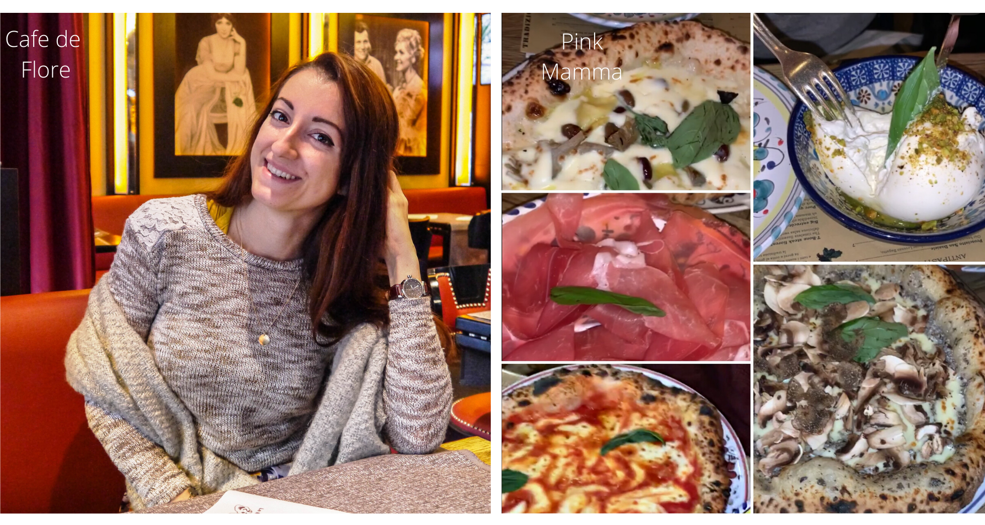 Booth at a cafe and table with pizzas