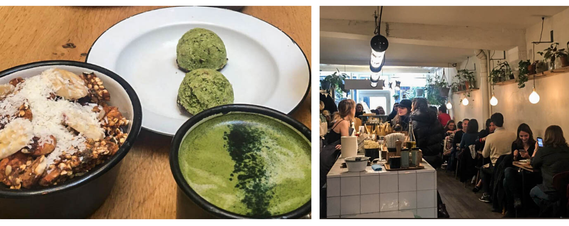 Granola and matcha late in a minimalist cafe