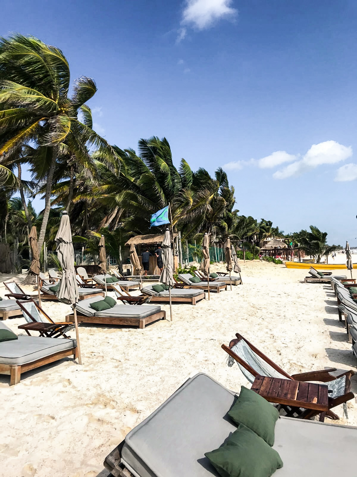 Alaya Tulum hotel beach with sunbeds and palms